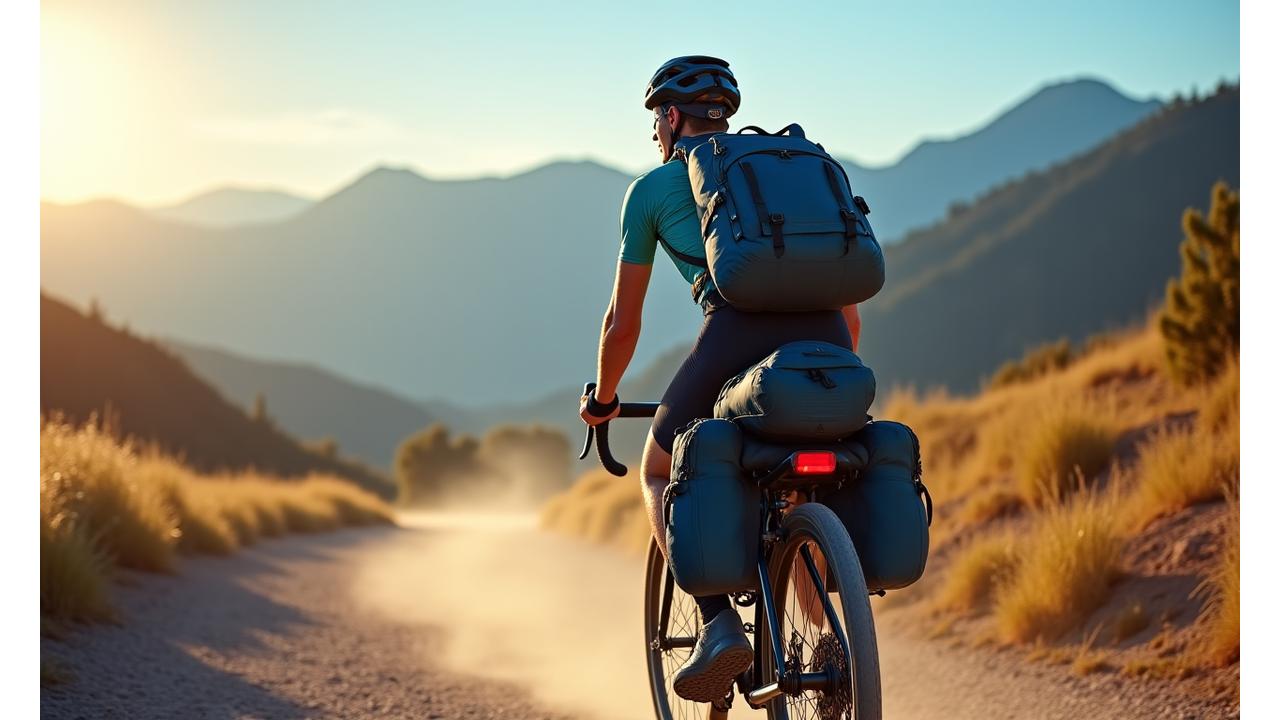 Cyclist with various bike bags mounted on a gravel bike, riding through a scenic, rugged landscape