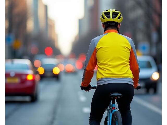 Cyclist wearing bright helmet and jacket signalling in traffic