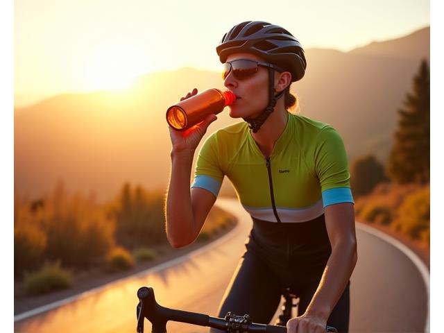Cyclist taking a drink from a water bottle on a scenic road, illustrating dynamic hydration.